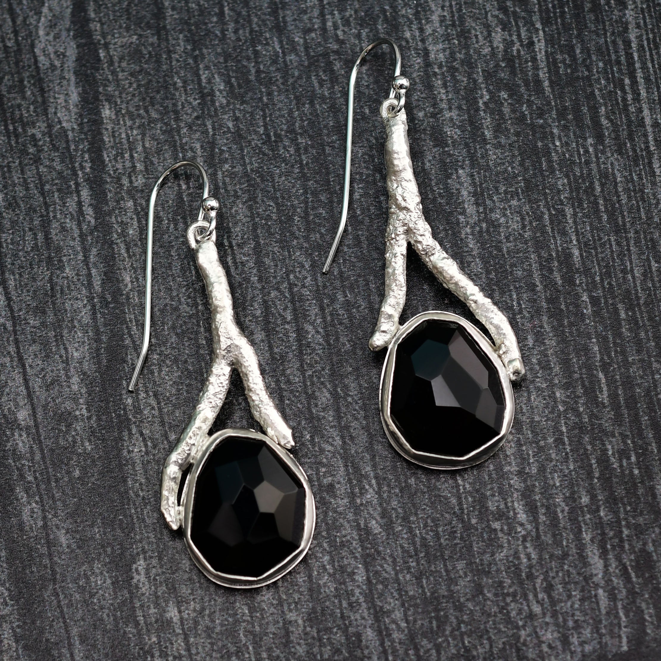 Rose Cut Black Onyx Earrings and Fused Sterling Silver