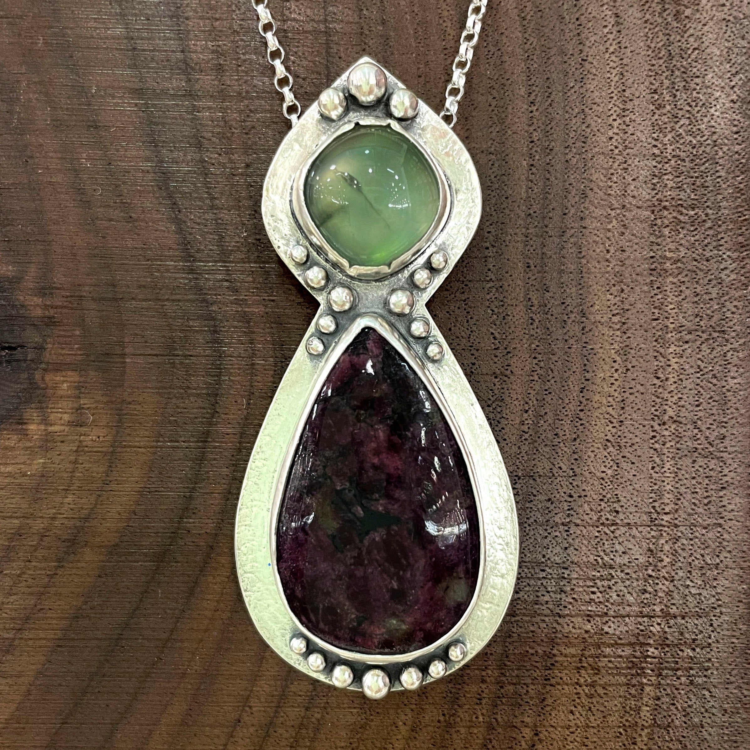 eudialyte and peridot pendant front view