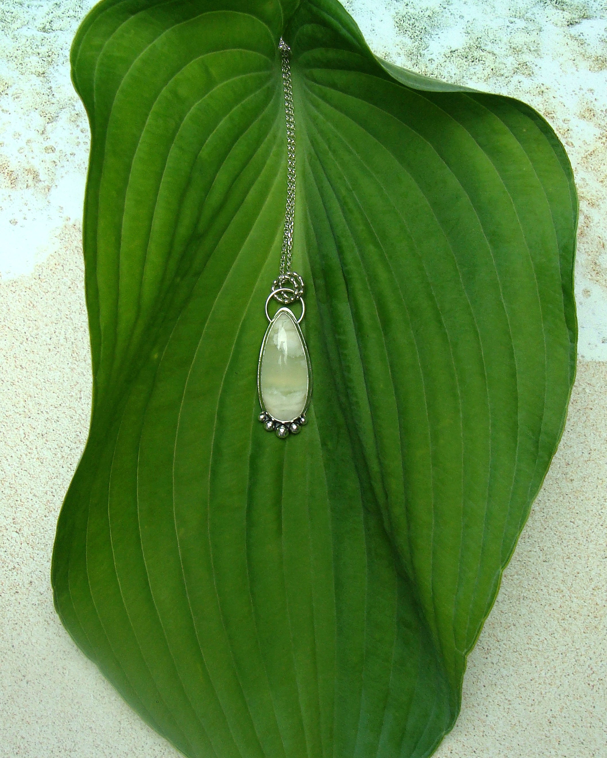 primavera chrysoprase teardrop pendant on leaf
